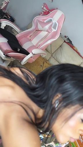 Real Trans Ebony Whore Gives a Footjob and Sloppily Deepthroats Her Dildo POV Blowjob Style in Black Thigh High Stockingsdil