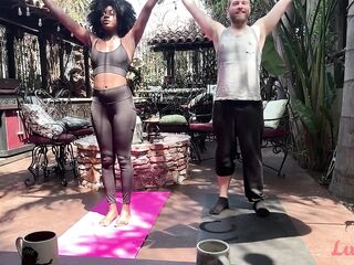 Down Doggy: Ebony hottie doing perspired naked Yoga and grinding on white interracial boyfriend