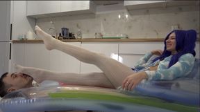 Man Inside Of Mattress And Miku Relaxing On Him In White pantyhose And Fishnets - MIX
