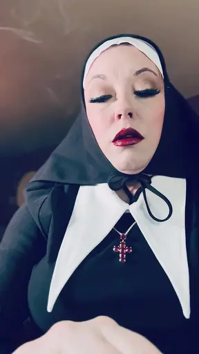 Naughty chubby nun smokes a cigarette and seduces father