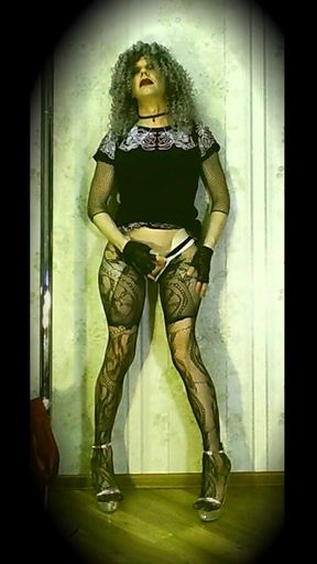 Your curly tranny girlfriend jerks off her pussy wearing high heels and a short dress