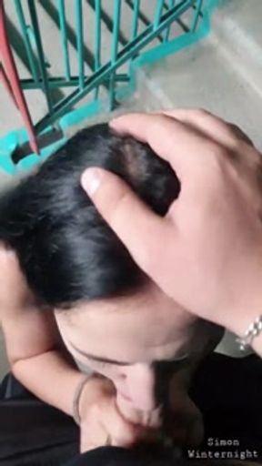 Slutty Neighbor's Wife in Red Dress Sucks Me Off on Public Stairwell