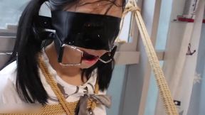 Asian girl with twin ponytails, white stockings, single-leg suspension, wax dripping, drizzled with love-filled liquid, suitcase packed, who will take her away? tk kb orgasm, whipping, accompanied by various SM experiences.