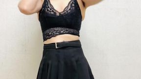 Crossdressing Japanese beauty enjoys a solo hand job and masturbation