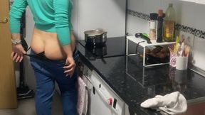 Bloated belly, butt crack jeans farting in the kitchen