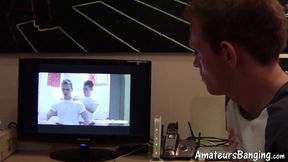 Gay teen Charlie shoots his load over his stomach in solo masturbation