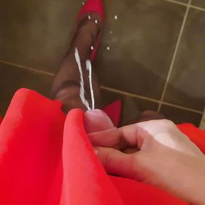 Big cumshot in red dress, pantyhose and high heels