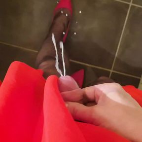 Big cumshot in red dress, pantyhose and high heels