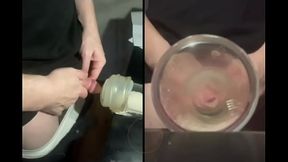 Pissing in a fleshlight helped by a friend POV