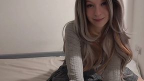 My horny young stepsister crawls in my bed to give me a sneaky handjob and get fucked in spooning position