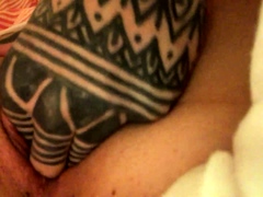 Inked freak fingering and fisting her tight shaved pussy