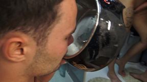 romantic sex shower – and he has to watch, jerk off in the dog bowl, and drink it!