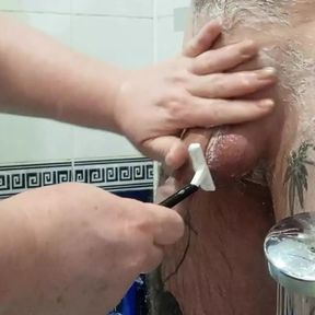 bitch jerks off my dick in the bathroom until I cum