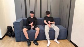 Two guys jerking off together and CUM