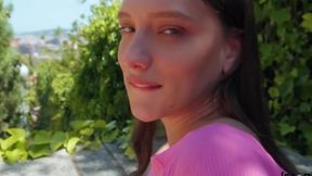 In public young Russian beauty fills hairy pussy pikaper...