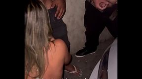 Brunette babe gets two big cumshots in her mouth at the drive-in