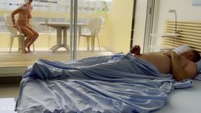 Naked wife was already watching nudist on street when husband woke in the morning