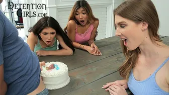 Three Desperate Stepsisters Ravenously Feast on Cream-Covered Stepbrother's Cock