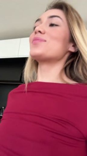 Shy blonde girl panties try on in the kitchen