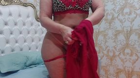 sensual dancing in red lingerie and showing her little bronze mark
