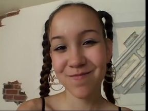 Brunette with pigtails sucks and slurps a fat cock on couch
