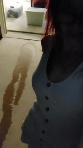 Driveway Peee by Redhead wearing socks and dress