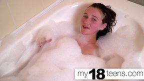 MY18TEENS - Redhead play pussy and caresses breast in foam - Foot fetish