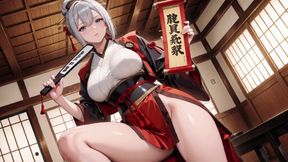 Red & Black Kimono Slightly Open, Dual Swords in Hand yet Undeniably Seductive.