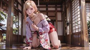 Blonde Goddess in the Japanese Corridor, Lazy Gazes, Hand on Hips, Sunlight Drenching Her Skin.