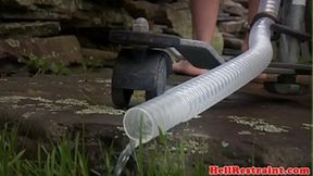 Ginger submissive takes enema prior to intense bondage