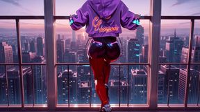 Teasing in a purple bodysuit on the skyscraper balcony, pulling down her collar to reveal inner layers.