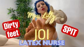 Miss Lilly, The LATEX NURSE and Her special treatment- Lick My dirty feet, jerk off for Me and get you cock rated