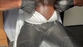 leather jeans & harness tight white shirt tit play & cum unload