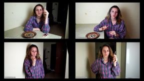 5-6 Ramona Lynn is smoking all-white Virginia Slims 120s cigarettes in the kitchen at home using matches (4 scenes) 4K resolution
