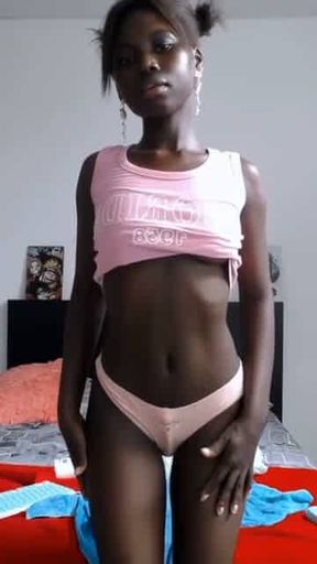 Tiny Dark Skinned Ebony Teen stripping and fingering on webcam