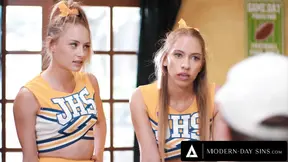 Naughty cheerleaders seduce their coach for a threesome