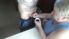 After jerking off, he cums in my coffee glass