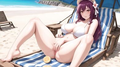 Purple haired beach bimbo gets titfucked raw creampie on the sand
