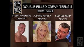Young blonde teen Justine Ashley gets double penetration in a group threesome
