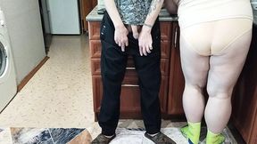man strokes shaft in kitchen while spunk drips into mother-in-law's lips