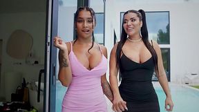 Curvy whores about to get railed in gangbang by the pool