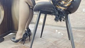 Milah Heel popping her divine feet in luxury pantyhose and sexy black heels