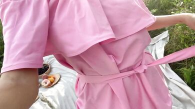 Brunette in vintage dress fingers tight pussy in forest