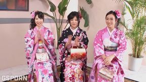 JAV Group Sex with 3 Sexies Geishas Wirh Kimono Fucked by 3 Hard Cocks Samurais