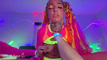 Sasha Gags On Brian's Throbbing Cock Under Neon Lights In Doggy Style!