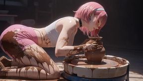 AI Pink Haired Girl Molds Clay Basin &amp; Smears Wet All Over Her Body.