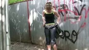 Russian blonde cutie walks in public and makes herself wet