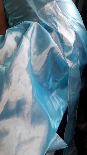 Asian Cross Masturbate and Cum Wearing Satin Shiny Blue Gown
