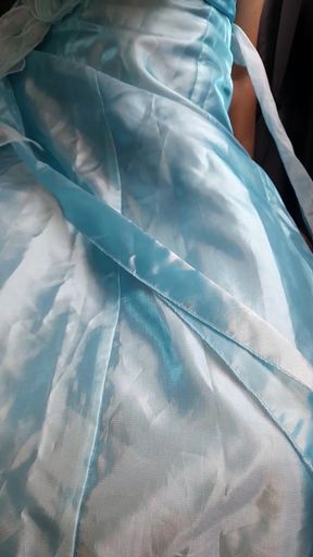 Asian Cross Masturbate and Cum Wearing Satin Shiny Blue Gown