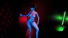 Curvy slut Eve in basic suit shakes her ass in neon VIP room of nightclub